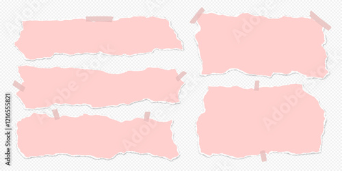 Set of torn pink pieces of paper are on white background for text, notes or ad.