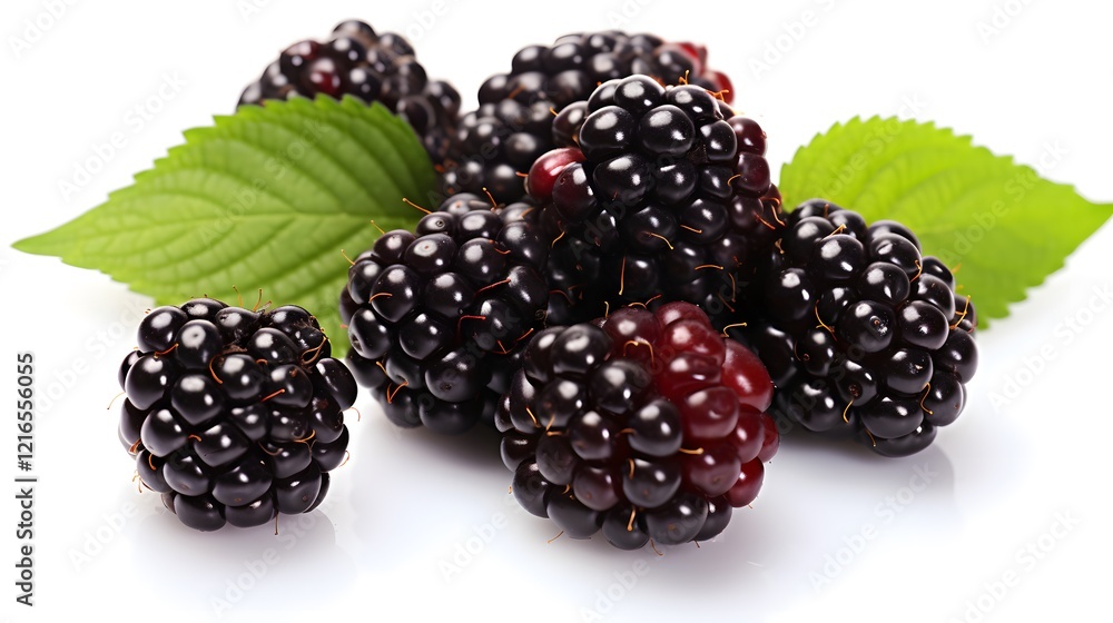 Fresh blackberries arranged with green leaves on a white background showcasing ripe summer fruits Fresh blackberries arranged with green leaves on a white background showcasing ripe summer fruits