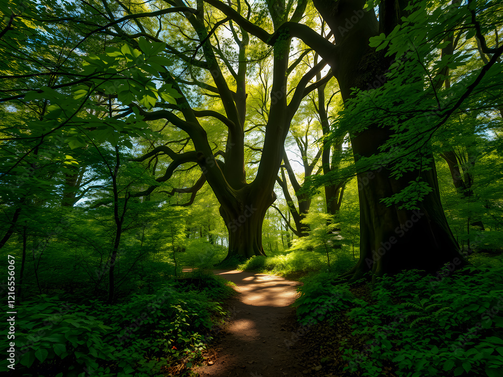 Naklejka premium Amazing nature view, tranquil forest pathway with rays of sunlight through trees leaves, Stunning spring summer scenic landscape wallpaper background. Meditation inspire natural sunrise forest trail