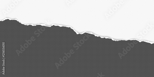 Dark grey and white piece of paper with torn edge and soft shadow are on white background for text or ad.