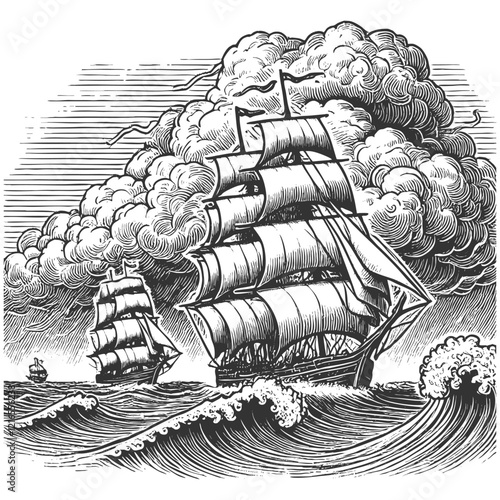 tall sailing ships navigating stormy seas, with dramatic clouds and waves, evoking maritime adventure sketch engraving generative ai vector illustration. Scratch board imitation. Black and white image