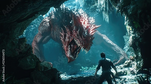 A fantasy scene depicting a fierce red dragon,