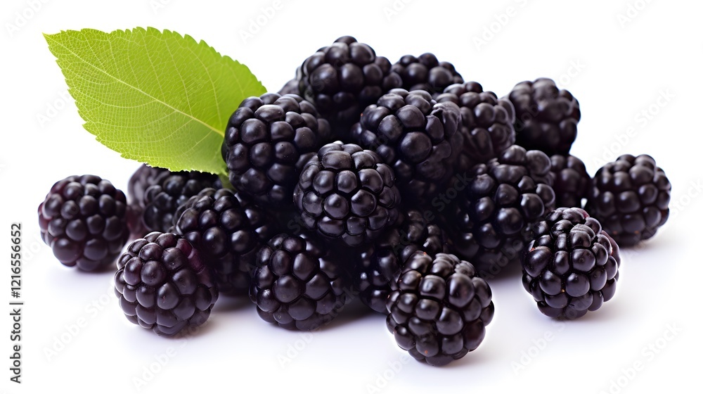 Fresh blackberries with green leaf arranged on white background highlighting their natural texture and rich color Fresh blackberries with green leaf arranged on white background highlighting their natural texture and rich color