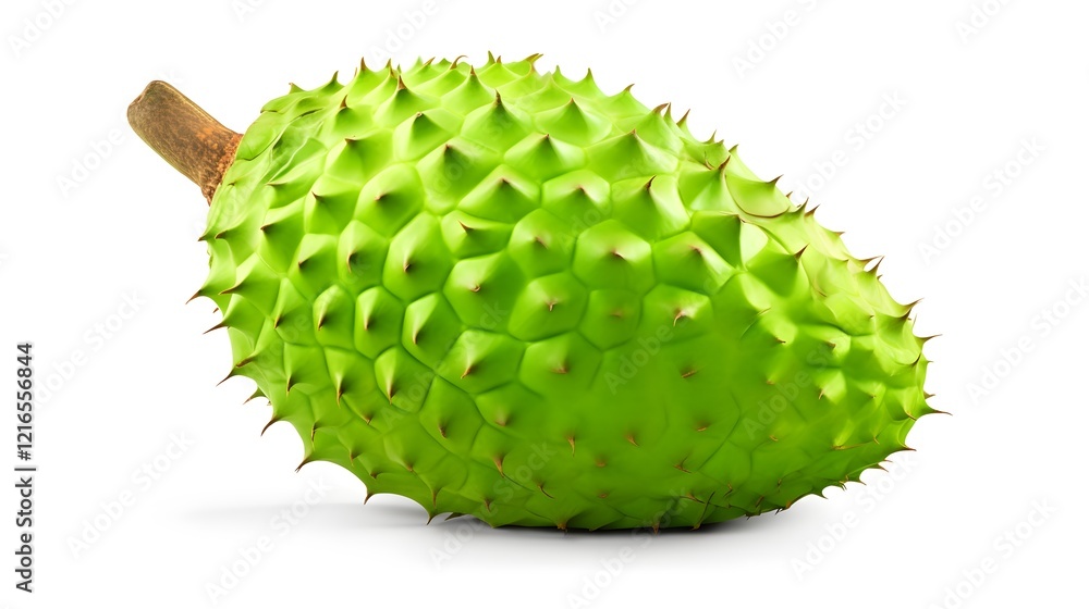 Unique spiky green fruit displayed against a white background showcasing its textured surface and irregular shape Unique spiky green fruit displayed against a white background showcasing its textured surface and irregular shape