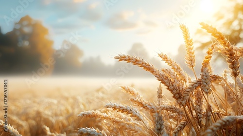 Golden wheat field sunrise, rural landscape, misty morning, harvest season, agricultural background