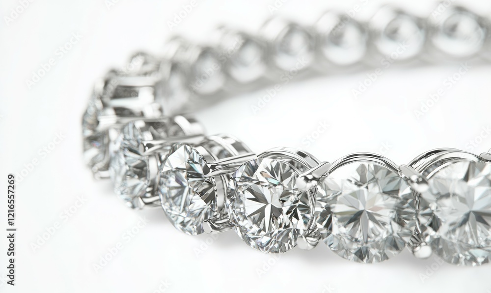 High angle elegant diamond tennis bracelet in white gold isolated on white background High angle elegant diamond tennis bracelet in white gold isolated on white background