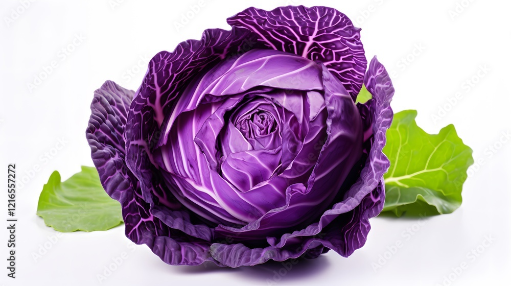 Obraz premium Fresh purple cabbage surrounded by green leaves on plain background ready for cooking or salads