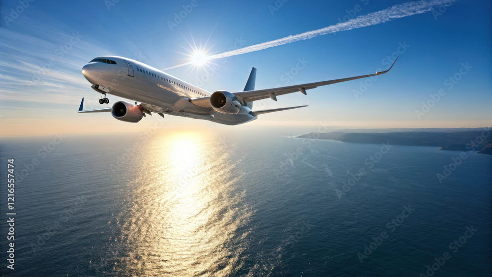 Fototapeta premium passenger jet flying high above ocean during sunset, creating stunning view