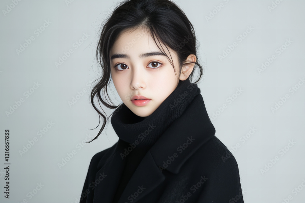 Fototapeta premium Elegant portrait of a young Asian woman with glowing skin, ideal for beauty, wellness, and lifestyle projects