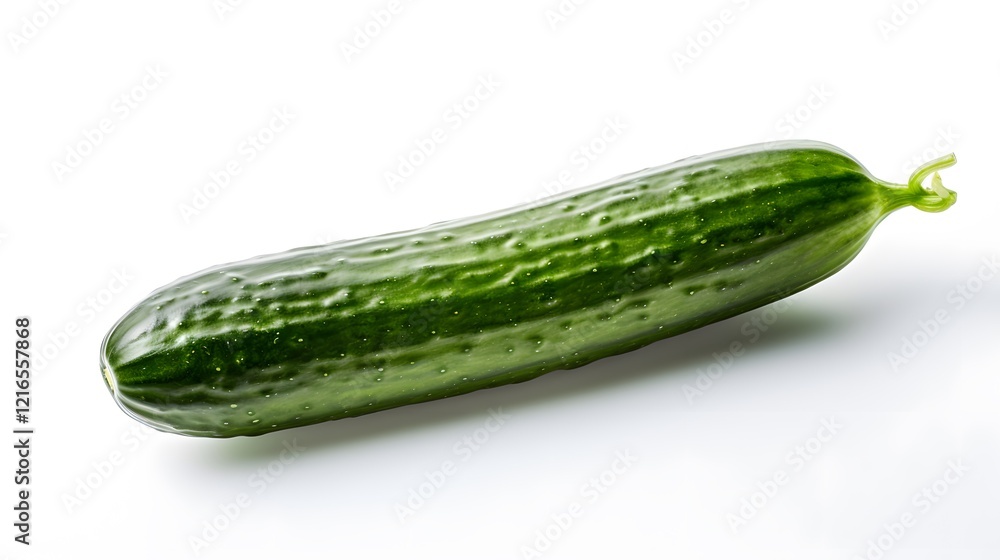 Freshly harvested cucumber placed on a clean white surface with water droplets sparkling under natural light Freshly harvested cucumber placed on a clean white surface with water droplets sparkling under natural light