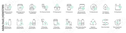 Plastic Recycling Symbols Icon Set for LDPE, Low-Density Polyethylene, HDPE, High-Density Polyethylene, PET, Polyethylene Terephthalate, PVC, Polyvinyl Chloride, PP, Polypropylene, PS, Polystyrene 