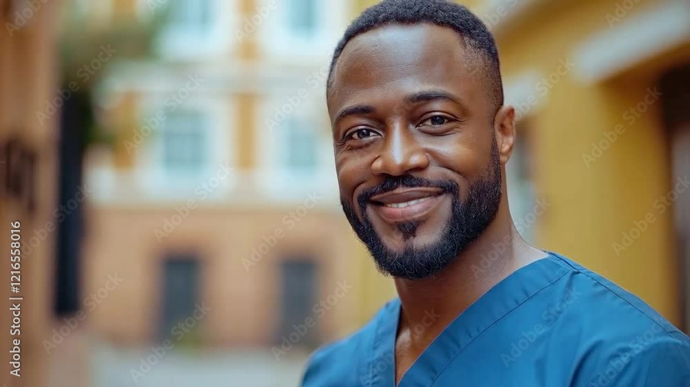 A smiling healthcare professional dressed in scrubs stands outside a modern hospital. A smiling healthcare professional dressed in scrubs stands outside a modern hospital.