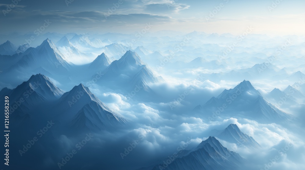 Majestic mountain peaks rising above ethereal clouds in serene landscape Majestic mountain peaks rising above ethereal clouds in serene landscape