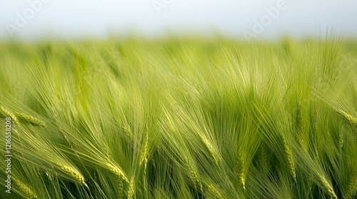 Lush green barley field swaying in gentle breeze; summer agriculture landscape; ideal for farming, food, or nature themes