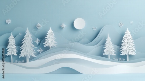 paper cut winter landscape with white trees, snowflakes and a full moon on a light blue background