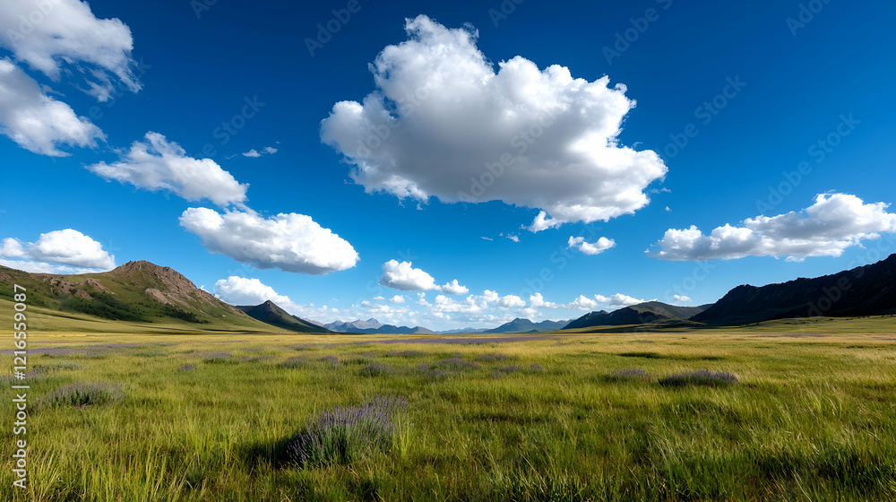 Serene Mountain Valley Landscape with Lush Green Meadow Under Blue Sky Serene Mountain Valley Landscape with Lush Green Meadow Under Blue Sky