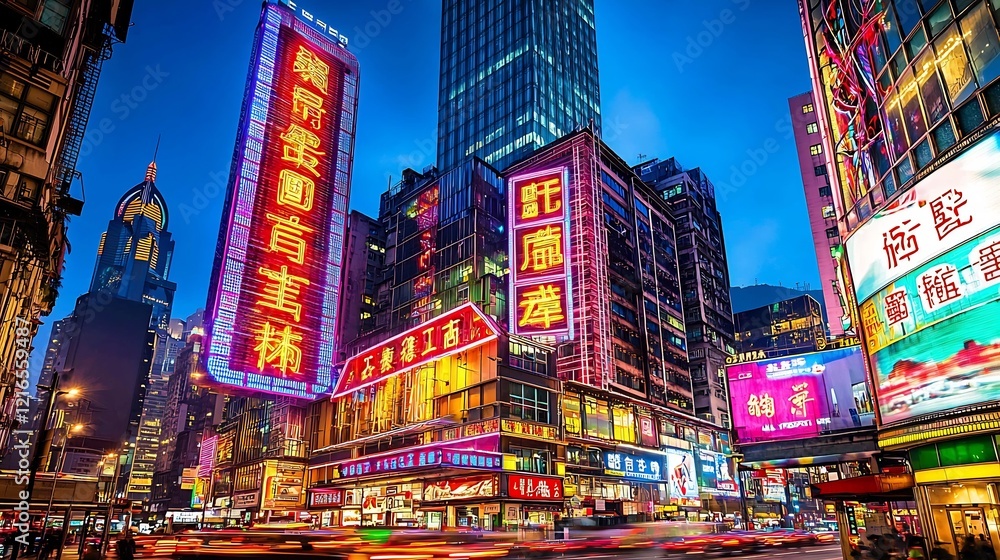 Vibrant Hong Kong night street, bustling traffic, towering buildings, neon signs Vibrant Hong Kong night street, bustling traffic, towering buildings, neon signs