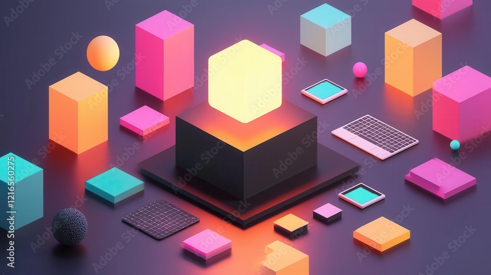 Fototapeta premium Design studio glowing with prototypes collaboratively crafted, innovation in process, 3D illustration