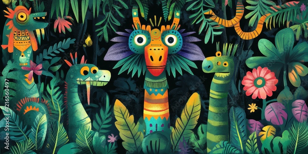 Fantastic creatures dwell within a lush vibrant jungle Fantastic creatures dwell within a lush vibrant jungle