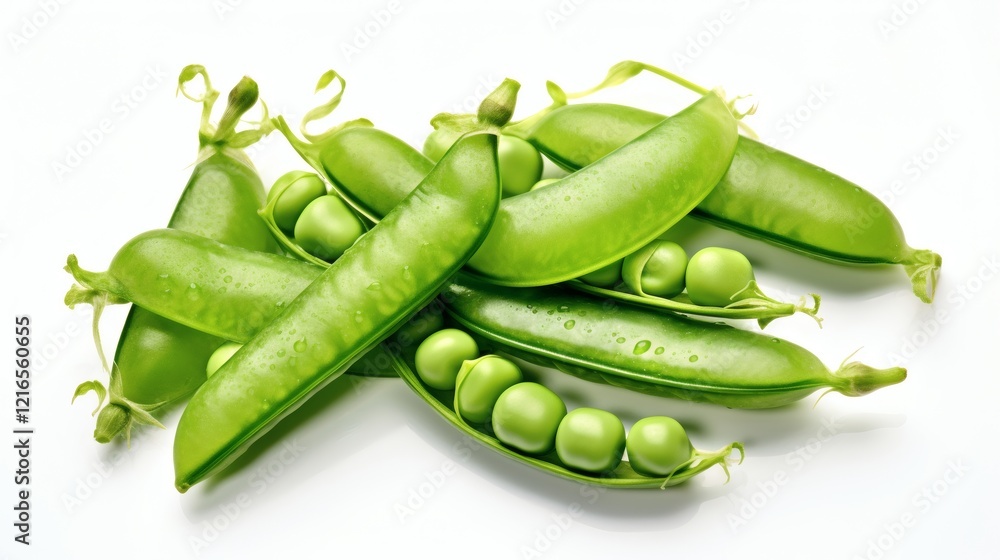 Fresh green pea pods stacked together on a white background showcasing their vibrant color and natural shape Fresh green pea pods stacked together on a white background showcasing their vibrant color and natural shape