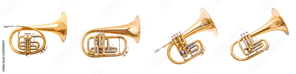 Obraz premium Variety of Brass Musical Instruments Displayed for Musical Performance and Entertainment