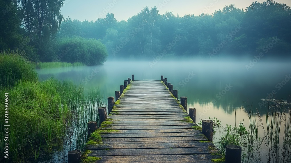 Naklejka premium Misty morning lake, wooden pier, tranquil scene, nature escape, peaceful reflection