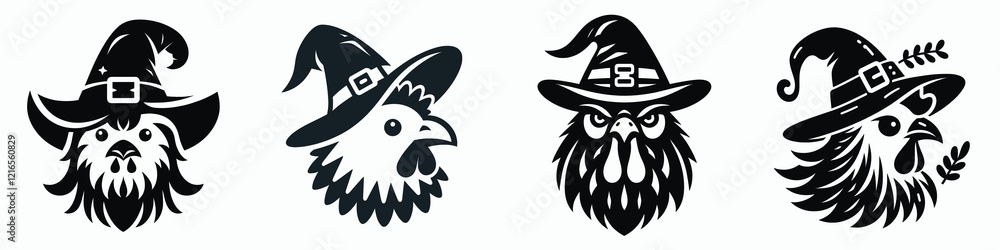 Four whimsical illustrations of creatures wearing wizard hats, showcasing unique facial expressions and distinct features in a playful style. Four whimsical illustrations of creatures wearing wizard hats, showcasing unique facial expressions and distinct features in a playful style.