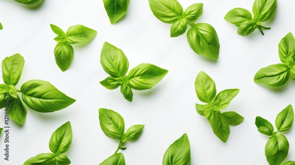 Fresh green basil leaves arranged on a white surface looking vibrant and ready for culinary use Fresh green basil leaves arranged on a white surface looking vibrant and ready for culinary use