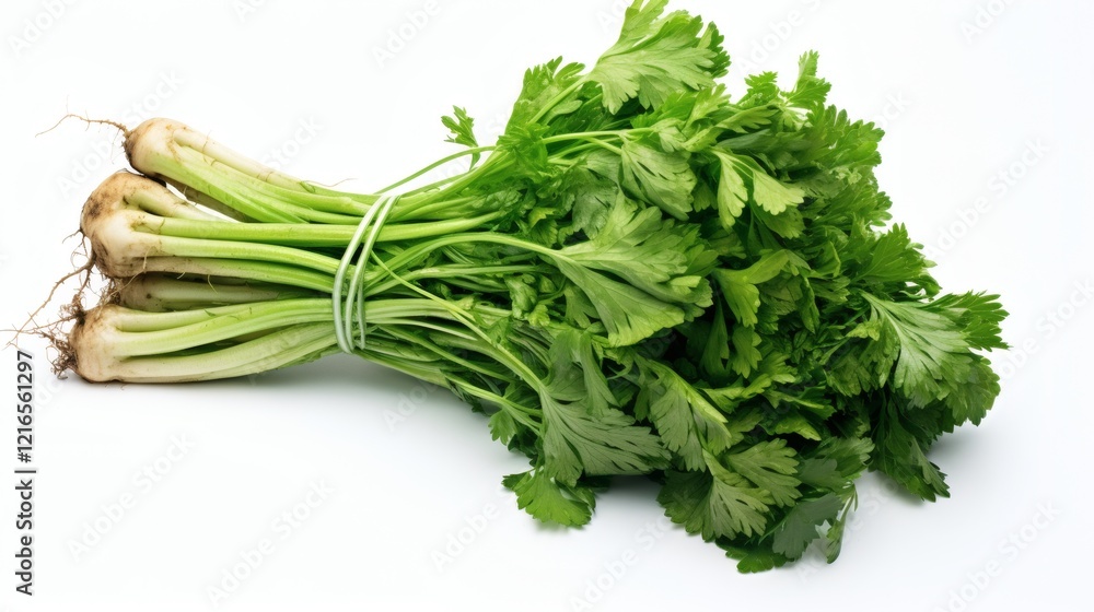 Freshly harvested cilantro bunch with roots displayed on a clean background ready for culinary use Freshly harvested cilantro bunch with roots displayed on a clean background ready for culinary use