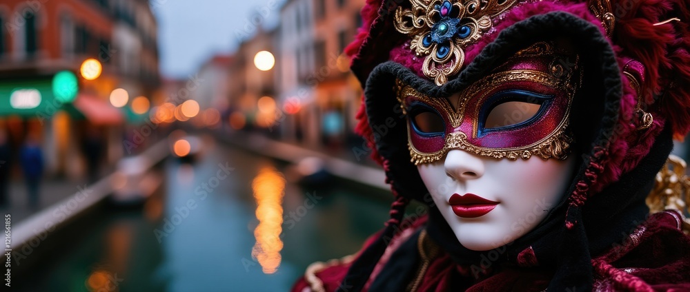 Banner of a woman in elegant red venetian mask with gold details on Venice blurred background. Banner of a woman in elegant red venetian mask with gold details on Venice blurred background.