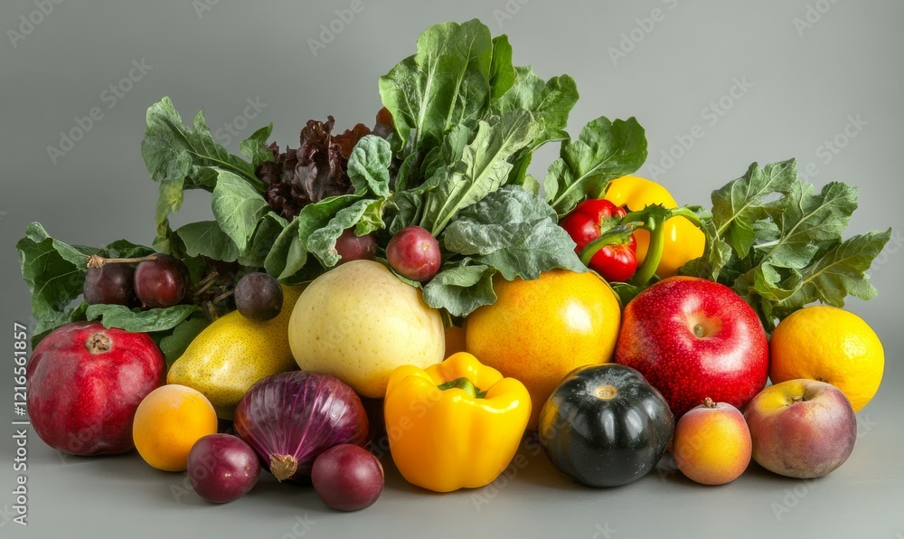 fresh fruits and vegetables lying on gray background fresh fruits and vegetables lying on gray background