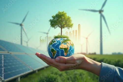 Hand holding earth with tree and renewable energy wind turbines and solar panels