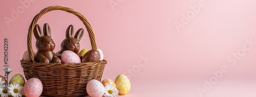 Two chocolate Easter bunny rabbits amongst colourful easter eggs in a basket against a soft pastel pink background. Wide web banner or header with copy space and room for text. 