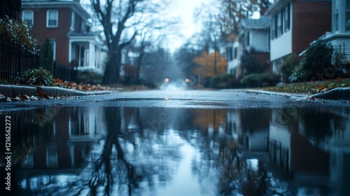 Rainy autumn street reflection; residential houses; blurry background; use for weather, autumn, or neighborhood themes