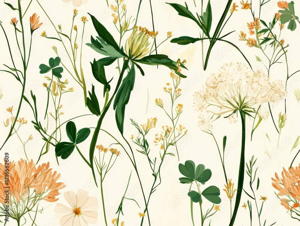 A seamless pattern featuring delicate wildflowers like Queen Anne's lace and clover, seamless Pattern A seamless pattern featuring delicate wildflowers like Queen Anne's lace and clover, seamless Pattern