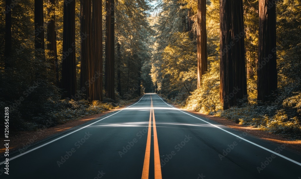 Fototapeta premium Forest road surrounded by trees with sunlight shining through branches