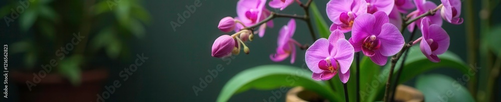 Delicate purple orchid stems intertwined with green leaves in a bamboo pot, nature, flora, purple Delicate purple orchid stems intertwined with green leaves in a bamboo pot, nature, flora, purple