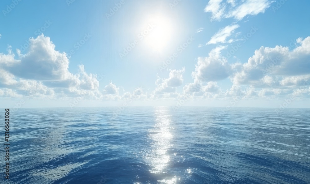 Serene Blue Sea and Sky with Puffy Clouds on a Clear Day: Peaceful Oceanic Panorama Background Concept for Calm and Tranquility Searches, Generative AI Serene Blue Sea and Sky with Puffy Clouds on a Clear Day: Peaceful Oceanic Panorama Background Concept for Calm and Tranquility Searches, Generative AI