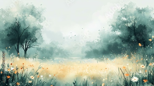 Serene misty meadow, wildflowers blooming, tranquil forest background; ideal for calming, nature-themed designs