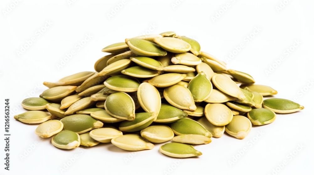 Freshly harvested pumpkin seeds arranged in a neat pile on a white background for culinary use and nutrition Freshly harvested pumpkin seeds arranged in a neat pile on a white background for culinary use and nutrition