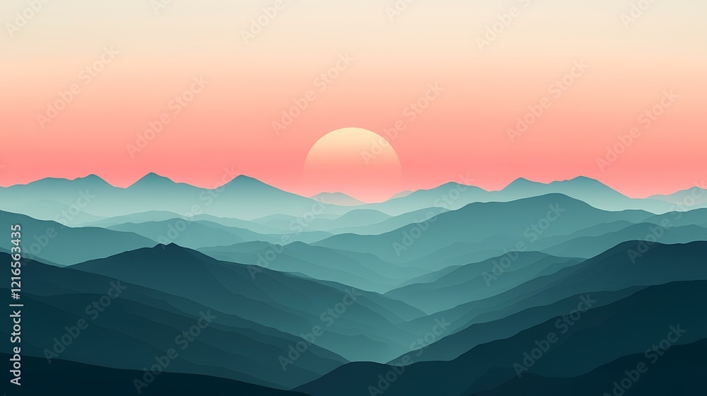 Obraz premium Serene sunset over layered mountains; peaceful landscape for travel brochures or calming desktop backgrounds