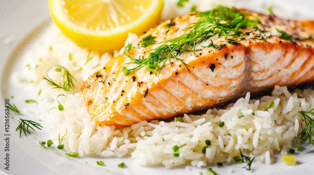 Close-up of rice and baked salmon with dill and lemon on a white plate, emphasizing fresh and zesty flavors. Ideal for healthy dinners and seafood lovers. Close-up of rice and baked salmon with dill and lemon on a white plate, emphasizing fresh and zesty flavors. Ideal for healthy dinners and seafood lovers.
