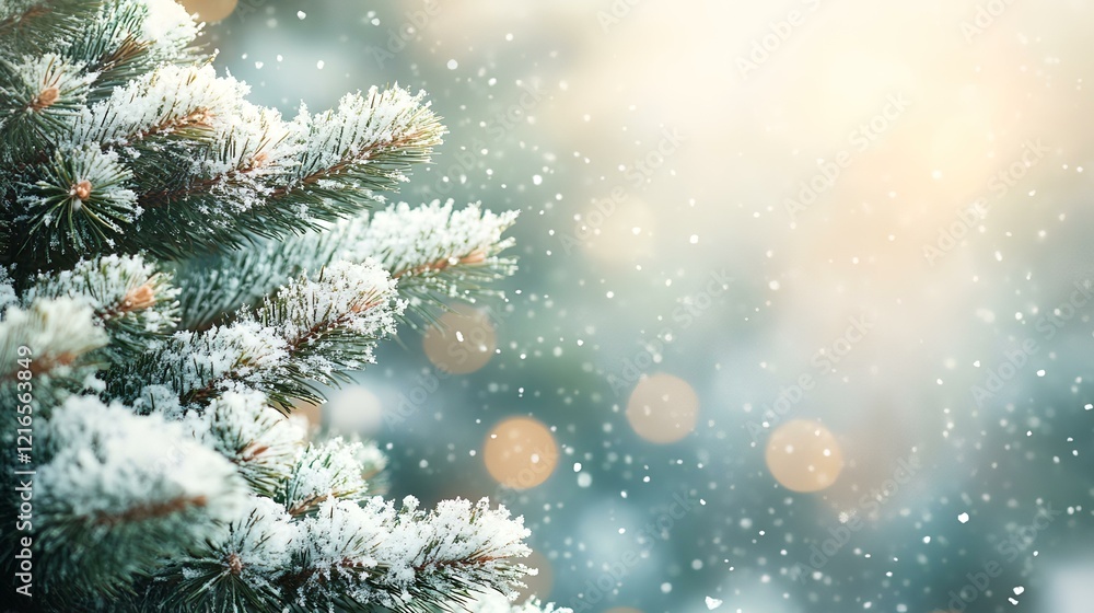 Snowy fir tree branch, winter wonderland background, bokeh lights, holiday card Snowy fir tree branch, winter wonderland background, bokeh lights, holiday card