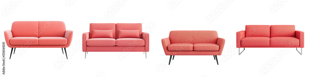 Comfortable stylish modern red coral sofa in a minimalist contemporary living room interior Upholstered fabric or leather couch with cushions and wooden legs as a home furnishing and decor piece Comfortable stylish modern red coral sofa in a minimalist contemporary living room interior Upholstered fabric or leather couch with cushions and wooden legs as a home furnishing and decor piece