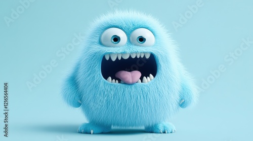 cute furry blue monster with open mouth and big eyes on a light blue background