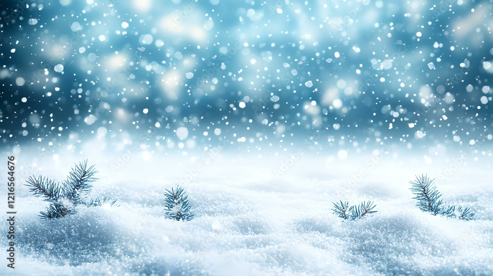 Snowy winter landscape with pine branches; falling snow; winter wonderland background for holiday cards Snowy winter landscape with pine branches; falling snow; winter wonderland background for holiday cards