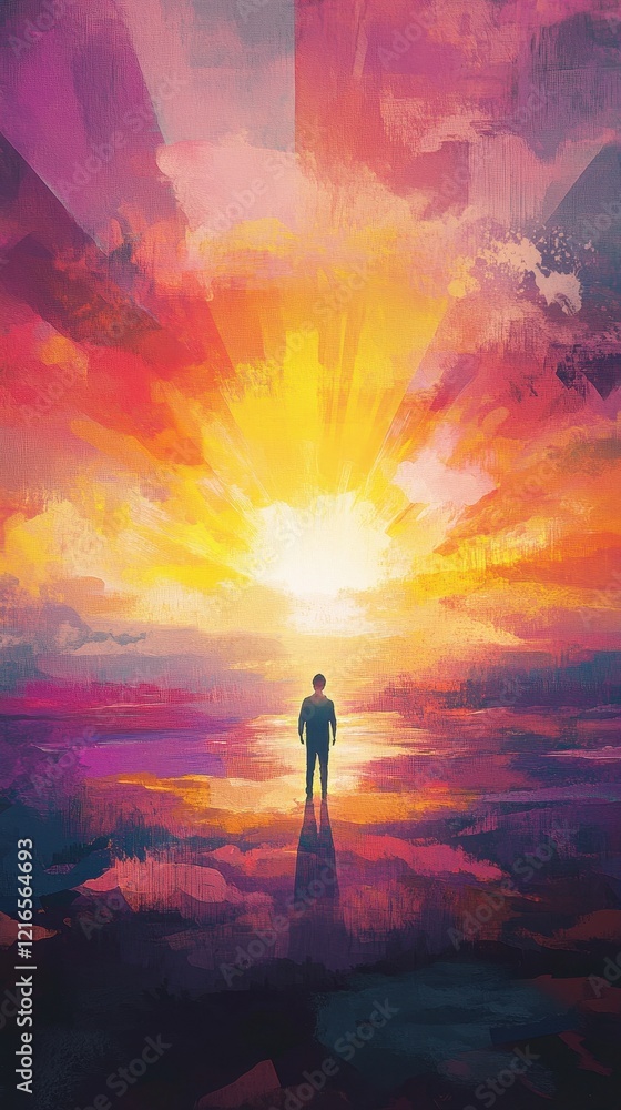 Fototapeta premium Solitary Figure Facing Bright Sunset Radiance