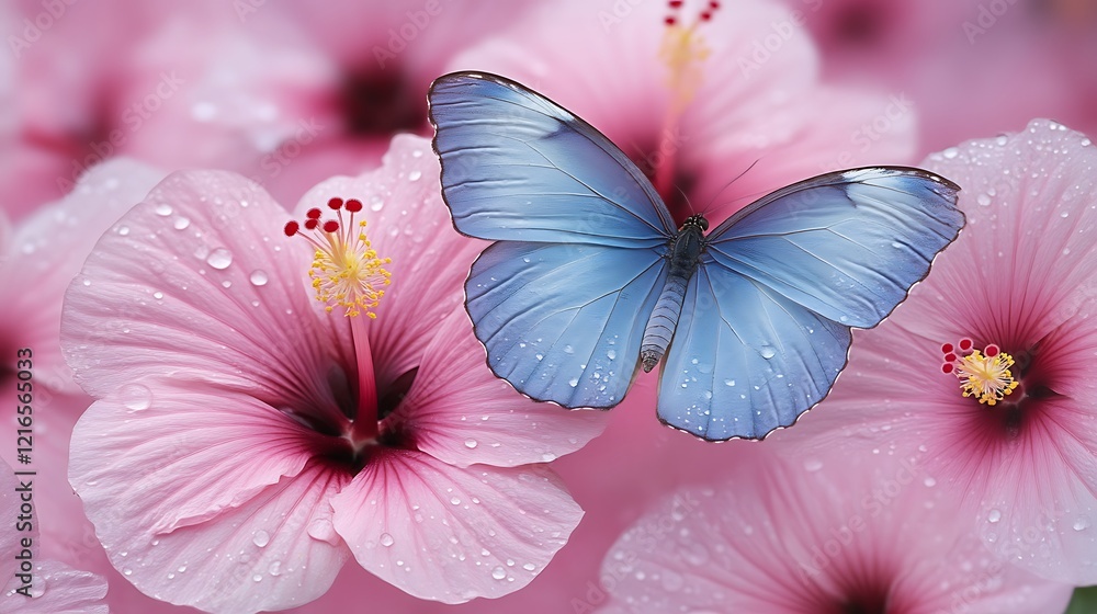 Fototapeta premium Blue Morpho Butterfly on Pink Hibiscus Flowers