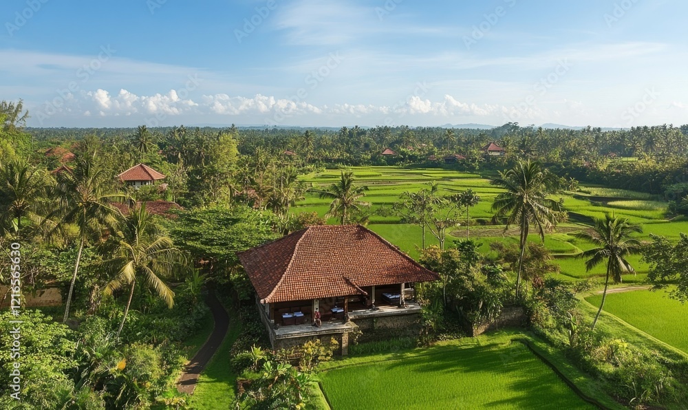 From above view green landscape with farm and rice fields From above view green landscape with farm and rice fields