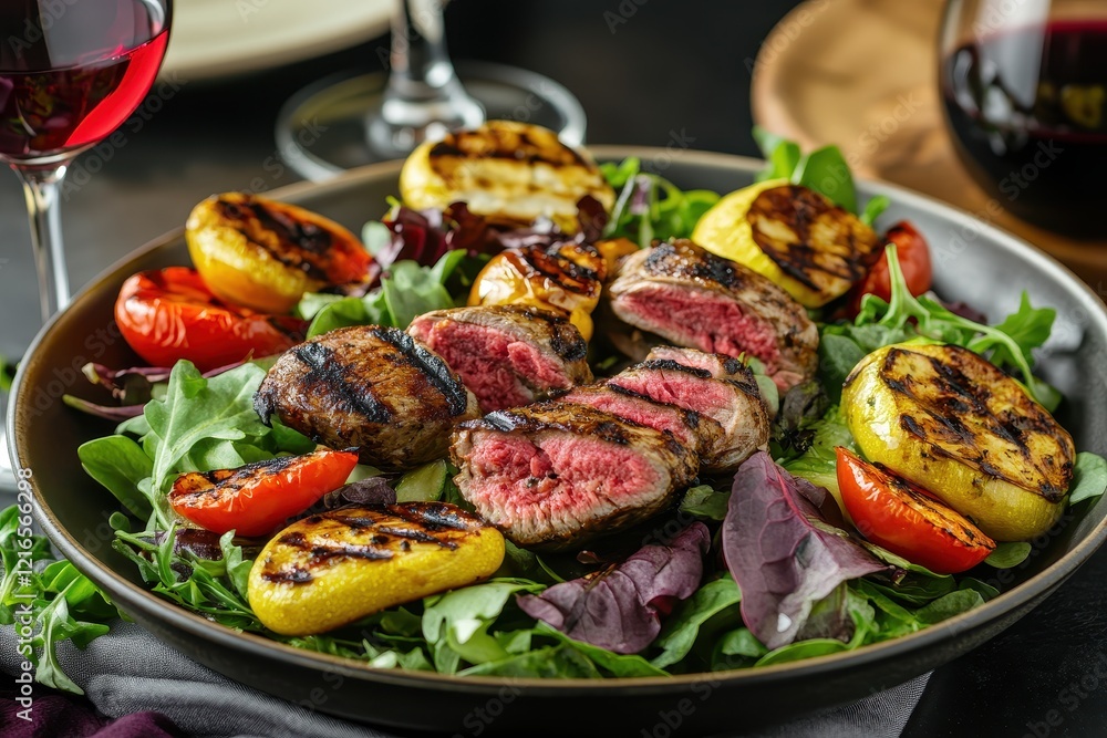 Grilled steak salad, wine, dark background, restaurant meal Grilled steak salad, wine, dark background, restaurant meal